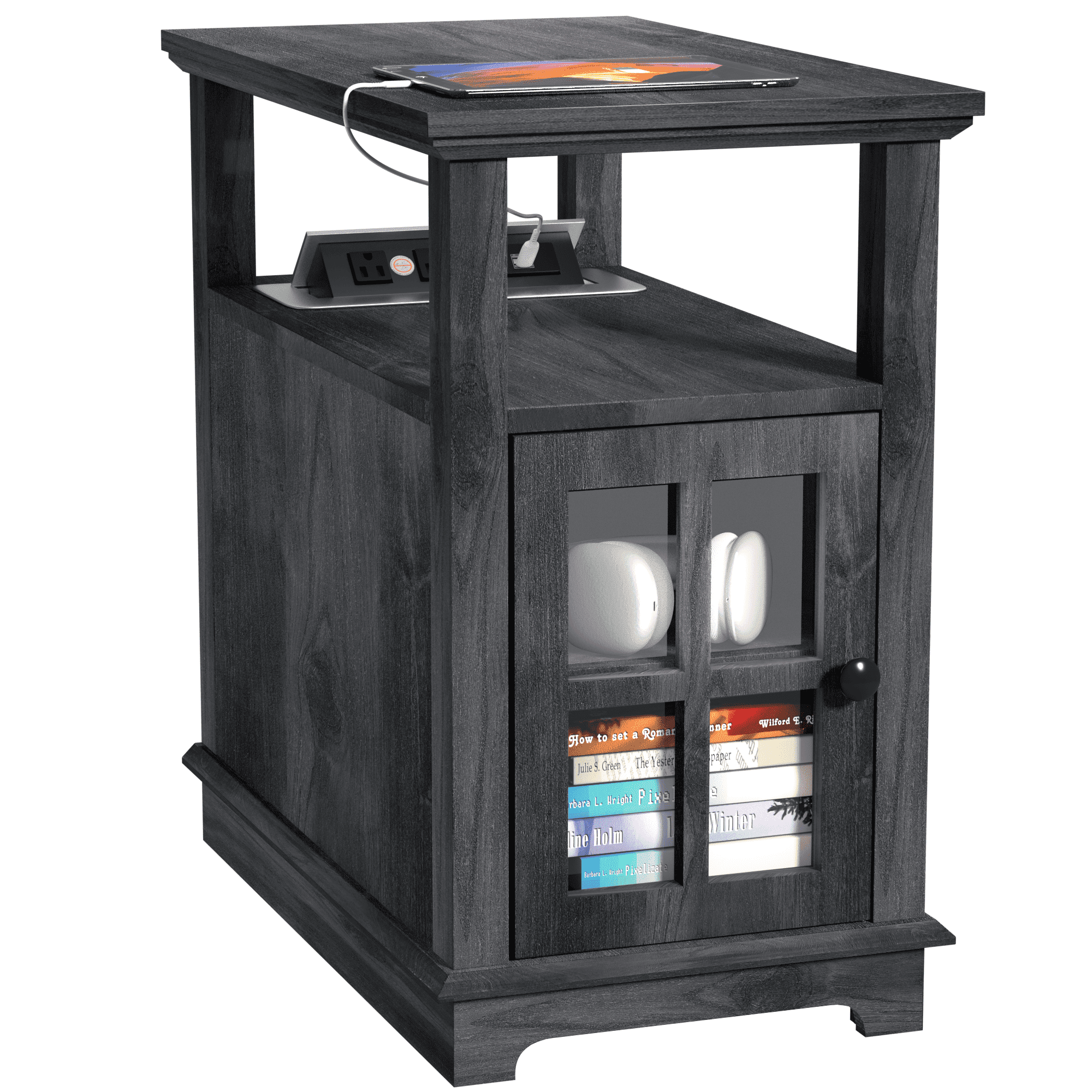 Nathan James Mina Rattan Side Table - Nightstand With Storage, Oak/Black Finish