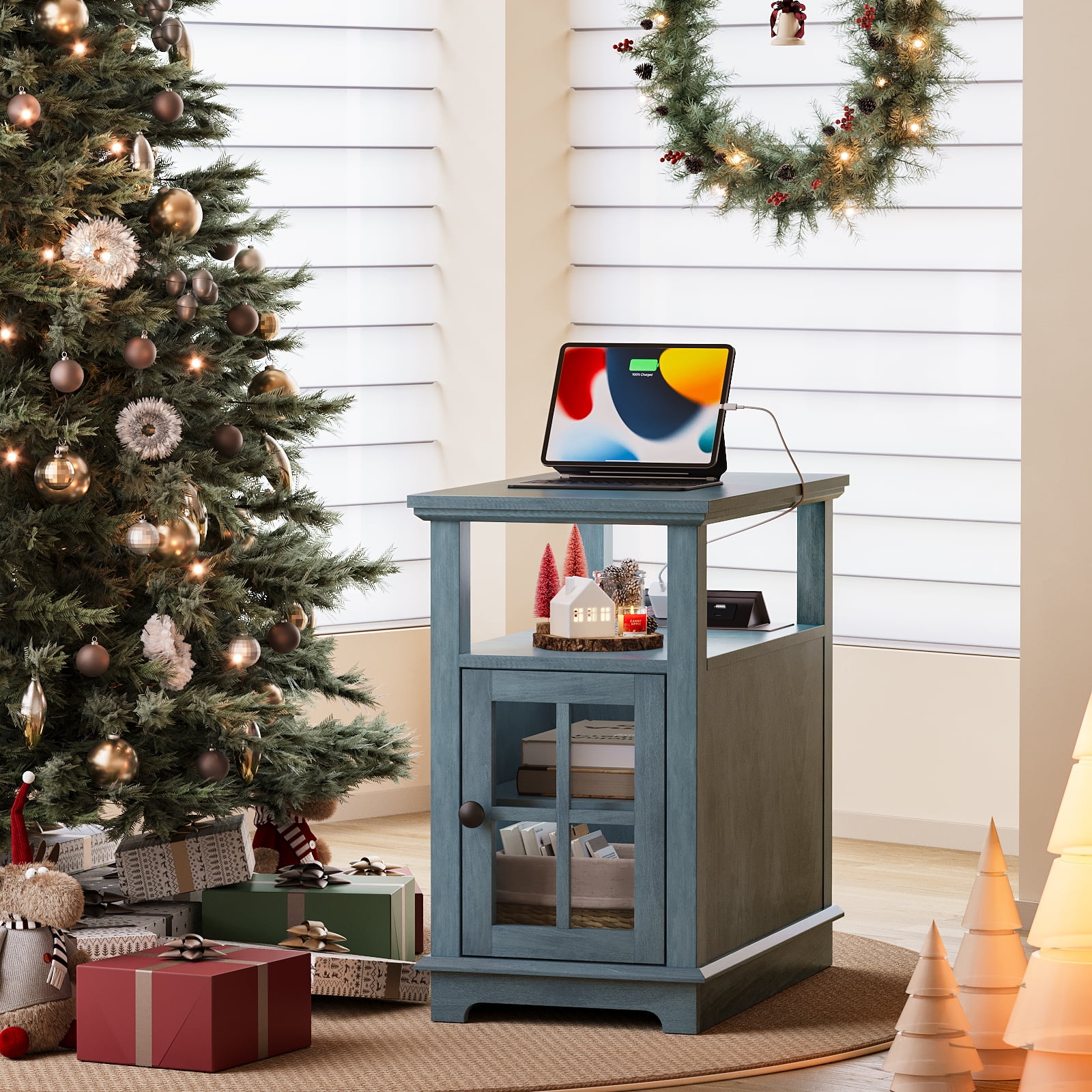 Blue Wood and Metal End Table with Charging Station