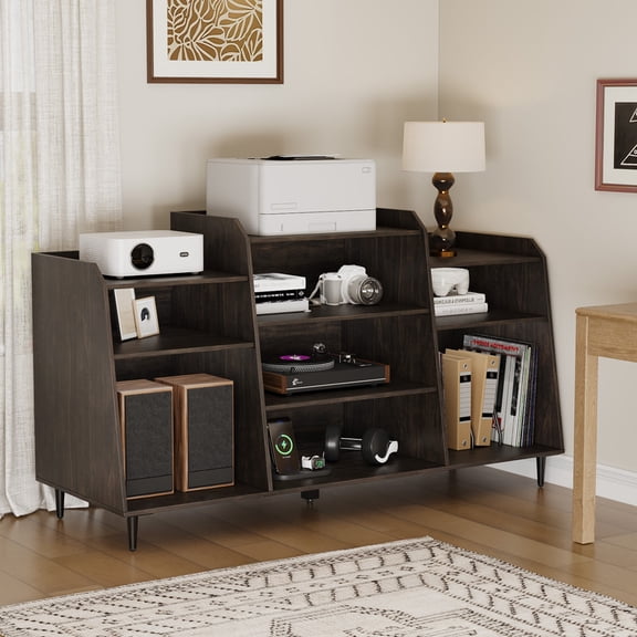 FAGAGA 55" Large Record Player Stand, Mid Century Concord Turntable Stand Table Holds up to 350 Albums, Vinyl Record Storage Cabinet with Wood Legs for Living Room Bedroom Office Record Player Stand