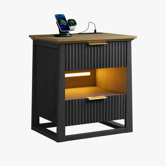 FAGAGA end Table with Charging Station USB Ports with Storage Shelf for Living Room Bedroom,Nightstand with 2 Drawer Storage Shelf end table,Black