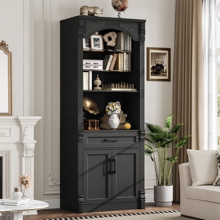 FAGAGA 70" Tall Bookcase with Adjustable Storage Shelves and 2 Doors Cabinetfor Living Room,Bookshelf Arched Kitchen Pantry Cabinet，Black