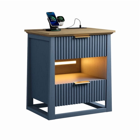 FAGAGA end Table with Charging Station USB Ports with Storage Shelf for Living Room Bedroom,Nightstand with 2 Drawer Storage Shelf end table,Blue