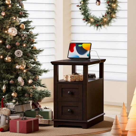 FAGAGA End Table for Living Room with 2 Drawers, Retro Sofa Side Table with Charging Station, Wooden Nightstand with Storage for Bedroom, Dorm, Office | Espresso