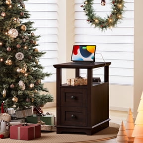 FAGAGA End Table for Living Room with 2 Drawers, Retro Sofa Side Table with Charging Station, Wooden Nightstand with Storage for Bedroom, Dorm, Office | Espresso