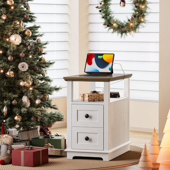 FAGAGA End Table for Living Room with 2 Drawers, Retro Sofa Side Table with Charging Station, Wooden Nightstand with Storage for Bedroom, Dorm, Office | White