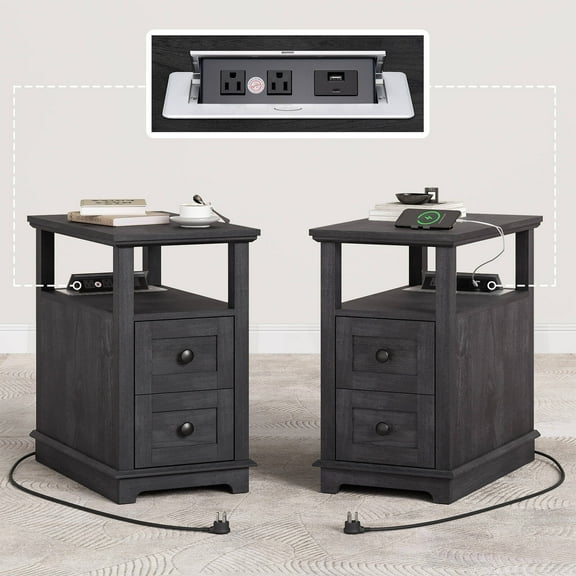 FAGAGA End Table Set of 2 for Living Room with 2 Drawers, Vintage Sofa Side Table with Charging Station, Wooden Nightstand with Storage for Bedroom, Dorm, Office | Blackgrey