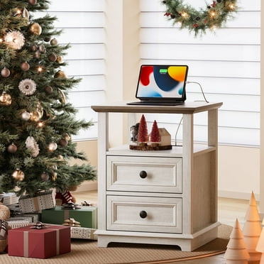 FAGAGA End Table with 2 Drawers for Living Room,Nightstand with Charging Station for Bedroom,White