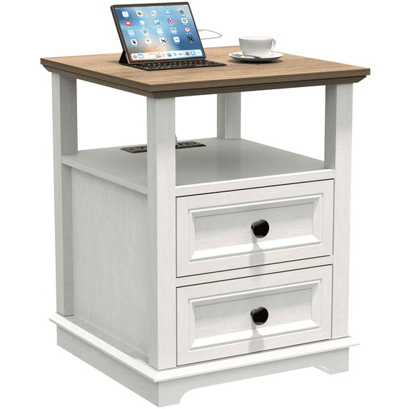 FAGAGA End Table with 2 Drawers for Living Room,Nightstand with Charging Station for Bedroom,White