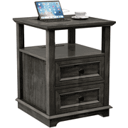FAGAGA End Table with Fast USB C Charging Station, 24" Tall Sofa Side Table with 2 Drawers, Large Storage Rustic Wood Square Nightstand for Living Room,Bedroom,Office,Black