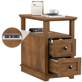 FAGAGA End Table for Living Room with 2 Drawers, Retro Sofa Side Table with Charging Station, Wooden Nightstand with Storage for Bedroom, Dorm, Office | Light Brown