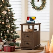 FAGAGA End Table for Living Room with 2 Drawers, Retro Sofa Side Table with Charging Station, Wooden Nightstand with Storage for Bedroom, Dorm, Office | Dark Walnut