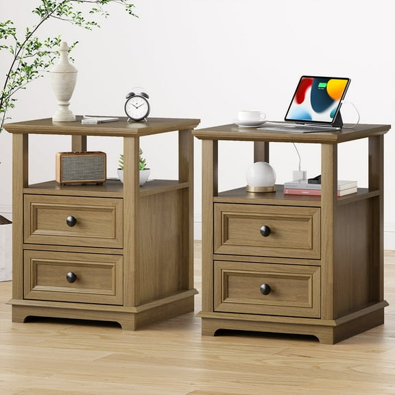 FAGAGA Set of 2 End Table with Charging Station for Living Room,Wooden Nightstand for Bedroom,Light Brown