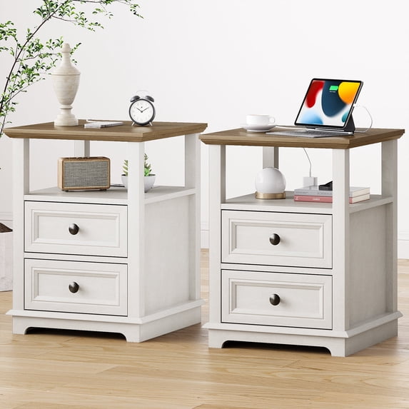 FAGAGA Set of 2 End Table with Charging Station for Living Room,Wooden Nightstand for Bedroom,White