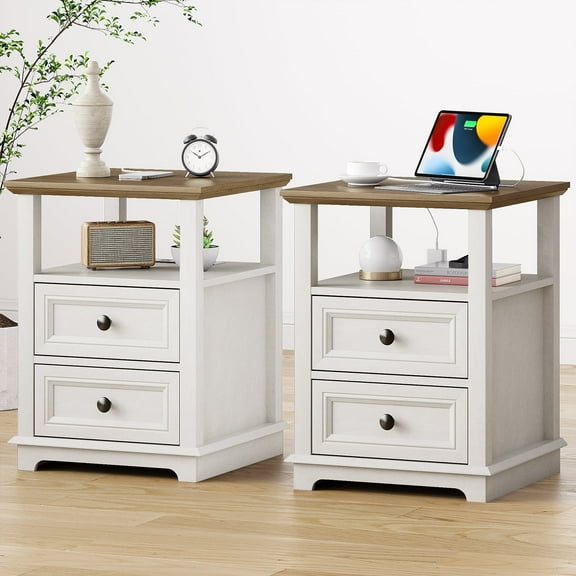 FAGAGA Set of 2 End Table with Charging Station for Living Room,Wooden Nightstand for Bedroom,White