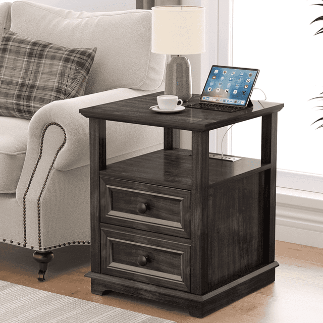 FAGAGA End Table for Living Room, Rustic Wooden Nightstand with Charging Station for Bedroom,Black