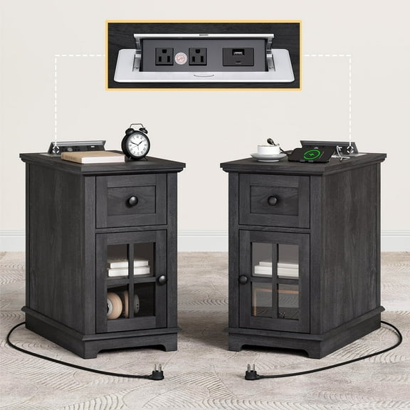 FAGAGA End Table for Living Room Set of 2,Farmhouse Nightstand with Drawer for Bedroom,Blackgrey