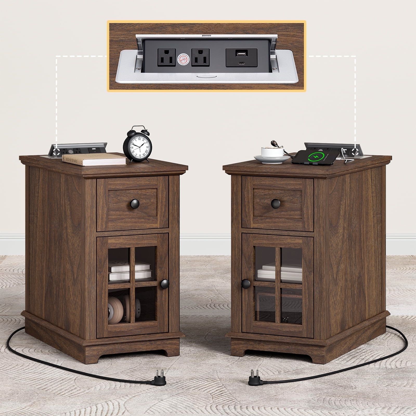 Dark Walnut Rectangular End Table Set with Storage and Charging Station