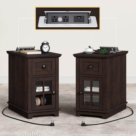 FAGAGA End Table for Living Room Set of 2,Farmhouse Nightstand with Drawer for Bedroom,Espresso