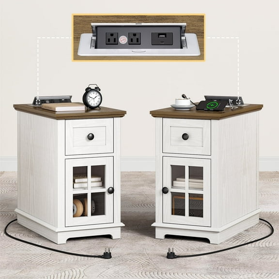 FAGAGA End Table for Living Room Set of 2,Farmhouse Nightstand with Drawer for Bedroom,White