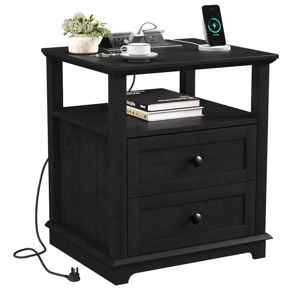 FAGAGA End Table for Living Room,Wooden Nightstand with Charging Station for Bedroom, Black
