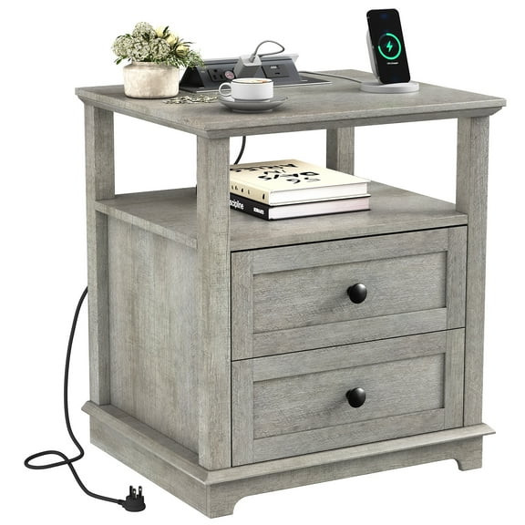 FAGAGA End Table for Living Room,Wooden Nightstand with Charging Station for Bedroom, Light Rustic Oak