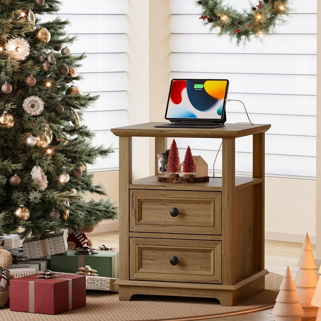 FAGAGA End Table with 2 Drawers, Wooden Nightstand with Charging Station for Bedroom, Light Brown