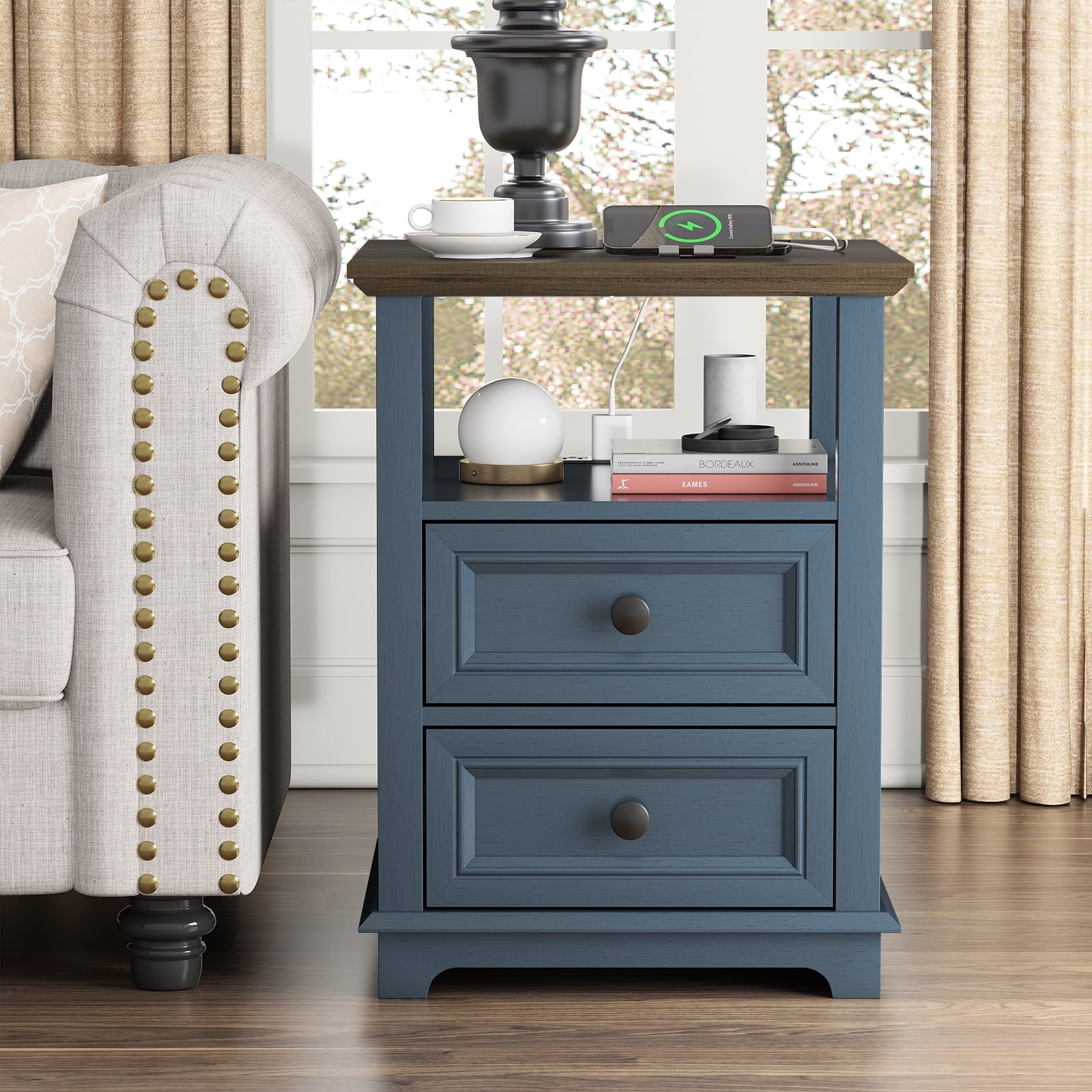 FAGAGA End Table with 2 Drawers for Living Room,Nightstand with Charging Station for Bedroom,Blue