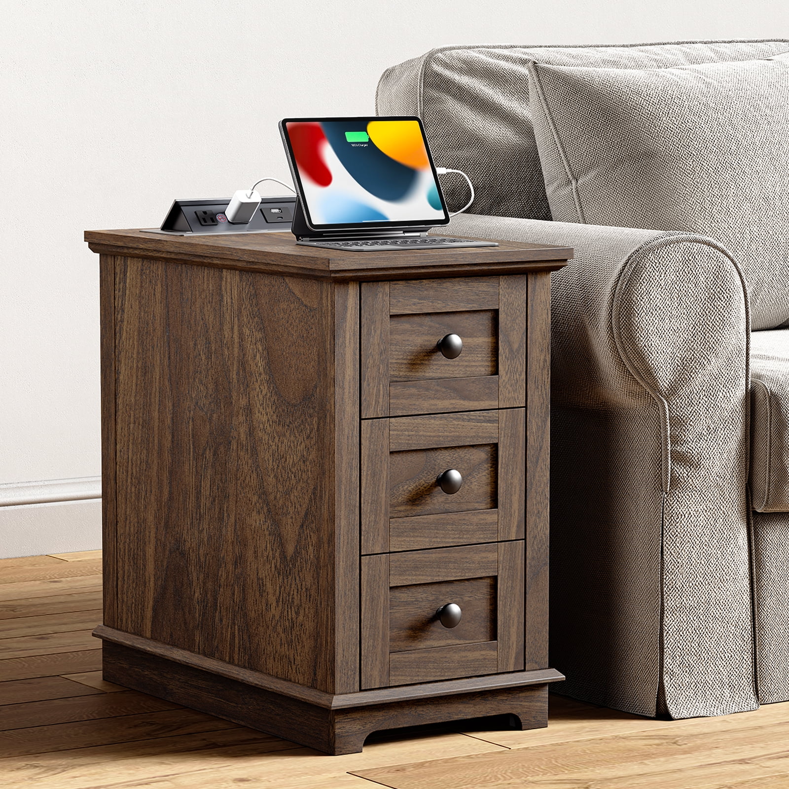 FAGAGA End Table with 3 Drawers for Living Room,Nightstand Sofa Side Table with Charging Station,Dark Walnut