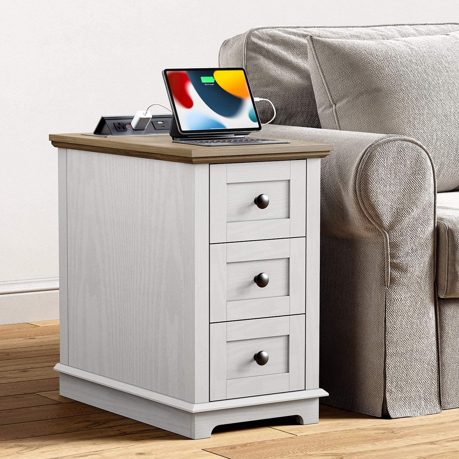 FAGAGA End Table with 3 Drawers for Living Room,Nightstand Sofa Side Table with Charging Station,White