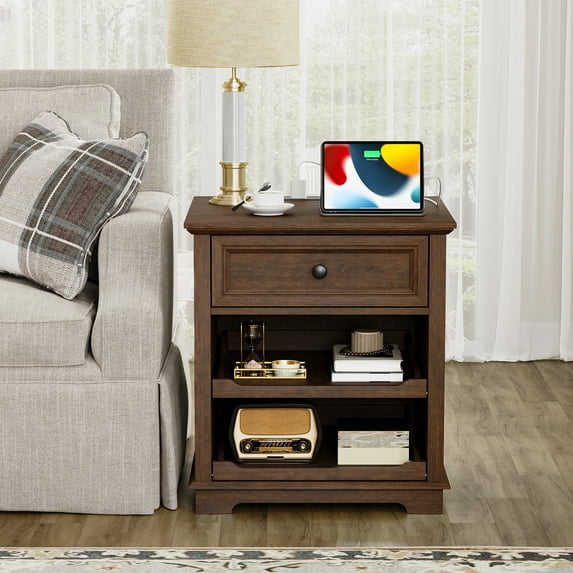 FAGAGA End Table with Charging Station, Side Table with Drawer for Living Room, Wooden Nightstand with Storage for Bedroom, Dorm, Office | Cherry