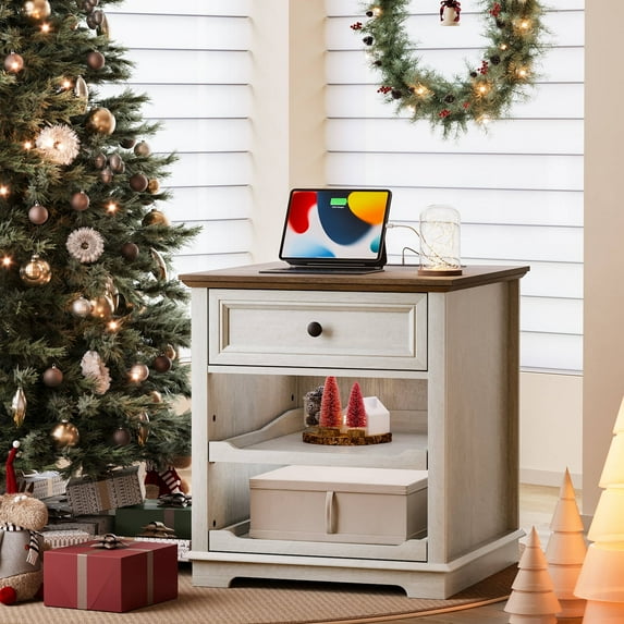 FAGAGA End Table with Charging Station, Side Table with Drawer for Living Room, Wooden Nightstand with Storage for Bedroom, Dorm, Office | White