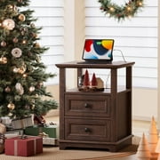 FAGAGA End Table with Charging Station for Living Room,Sturdy Wooden Nightstand for Bedroom,Cherry