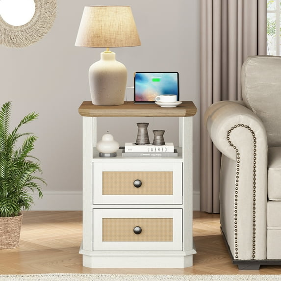 FAGAGA End Table with Charging Station for Living Room,Wooden Nightstand with 2 Drawers for Bedroom, Whitewash