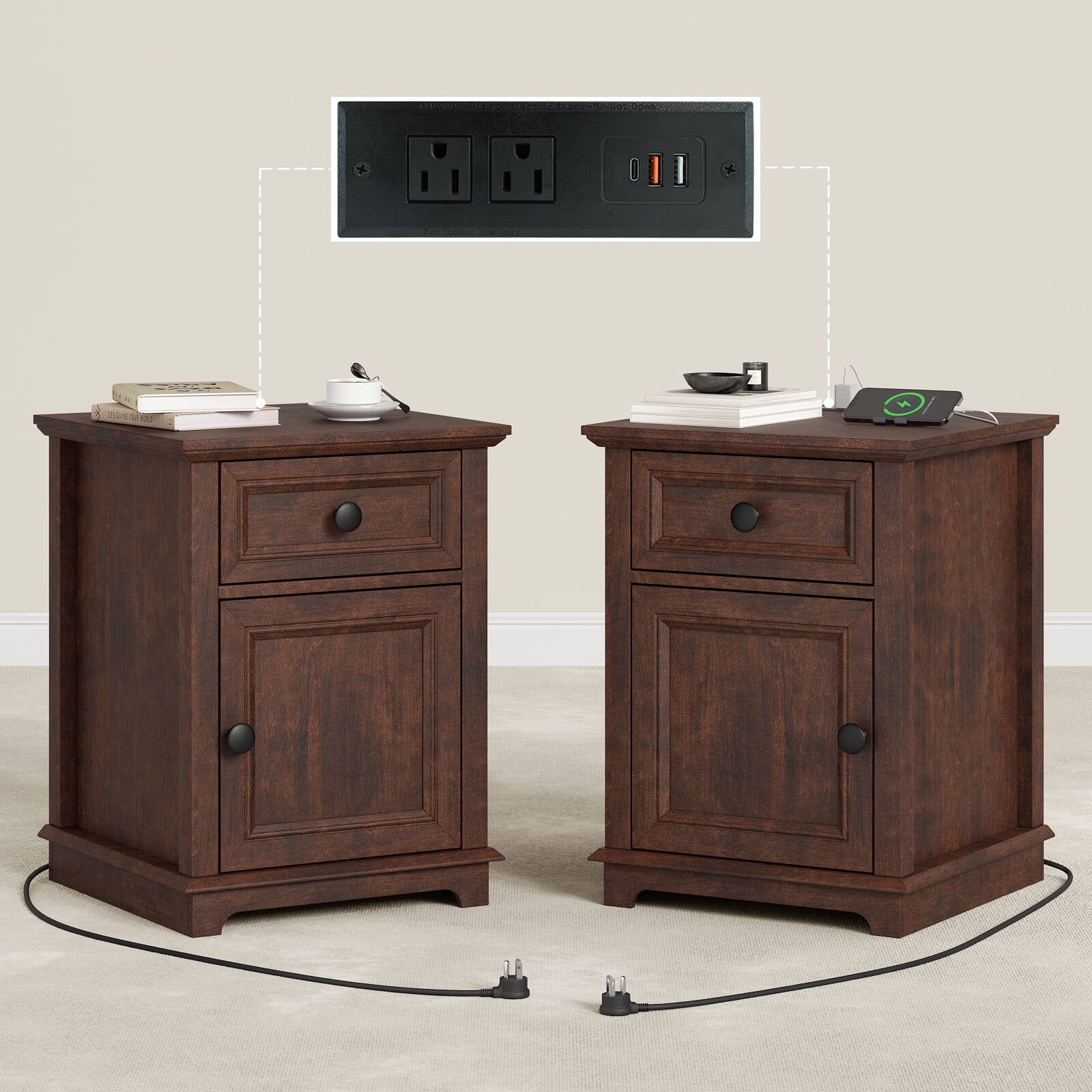 FAGAGA End Tables Set of 2 for Living Room with Charging Station, Side Table with Drawer and Adjustable Storage Shelf, Rustic Wooden Nightstands for Bedroom | Cherry