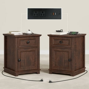 FAGAGA End Tables Set of 2 for Living Room with Charging Station, Side Table with Drawer and Adjustable Storage Shelf, Rustic Wooden Nightstands for Bedroom | Cherry