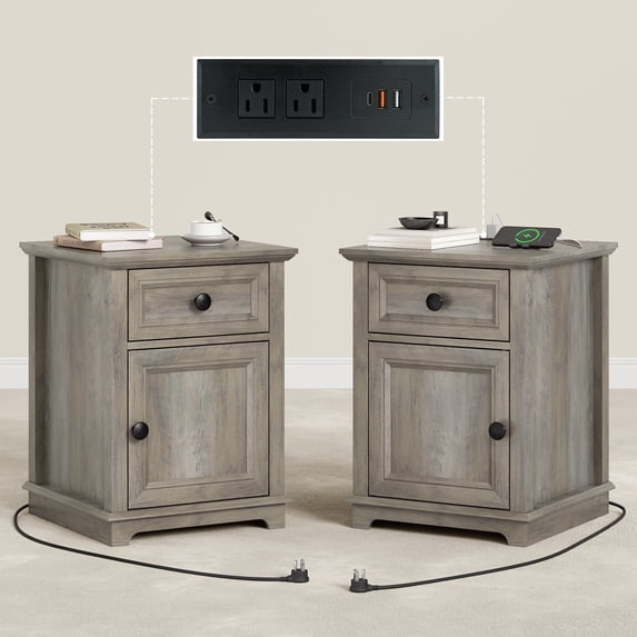 FAGAGA End Tables Set of 2 for Living Room with Charging Station, Side Table with Drawer and Adjustable Storage Shelf, Rustic Wooden Nightstands for Bedroom | Split Oak