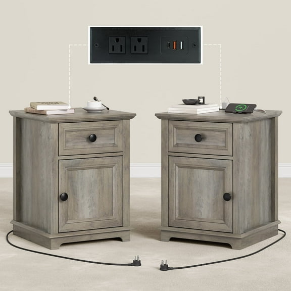 FAGAGA End Tables Set of 2 for Living Room with Charging Station, Side Table with Drawer and Adjustable Storage Shelf, Rustic Wooden Nightstands for Bedroom | Split Oak