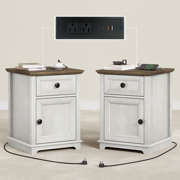 FAGAGA End Tables Set of 2 for Living Room with Charging Station, Side Table with Drawer and Adjustable Storage Shelf, Rustic Wooden Nightstands for Bedroom | White
