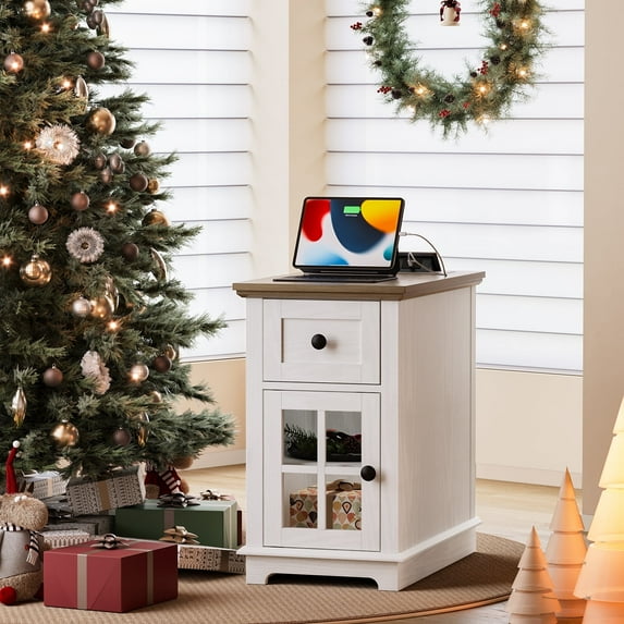 FAGAGA Farmhouse End Tables with Charging Station for Living Room,Nightstand with Drawer for Bedroom,White