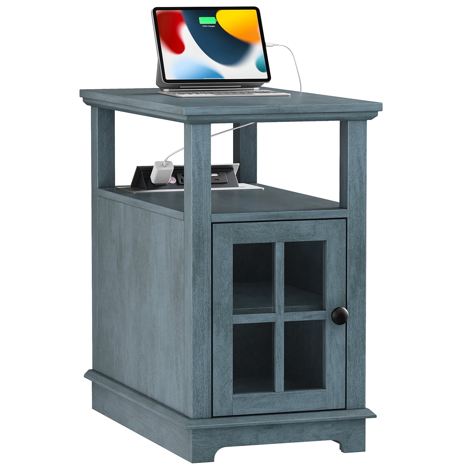 Blue Wood and Metal End Table with Charging Station