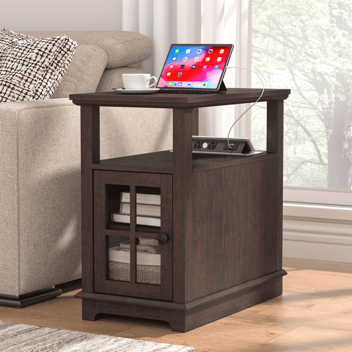Espresso Wood and Metal End Table with Charging Station