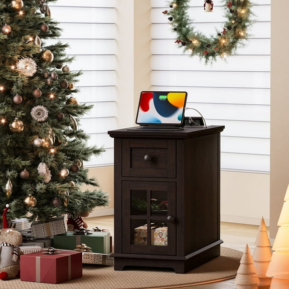 FAGAGA Farmhouse End Tables with Charging Station for Living Room,Nightstand with Drawer for Bedroom,Espresso