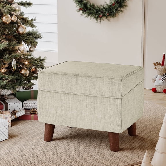 FAGAGA Large Footstool Ottoman, Foot Stool with Adjustable Cover for Living Room, Step Stool Ottoman with Storage, Upholstered Linen Foot Rest for Bedroom, Dorm | Beige
