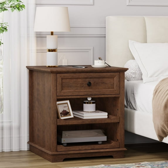 FAGAGA Large Nightstands with Charging Station, End Table with Drawers, Square Storage Table with 2 Open Mind Drawers & Adjustable Storage Shelf for Living Room, Study Room | Cherry