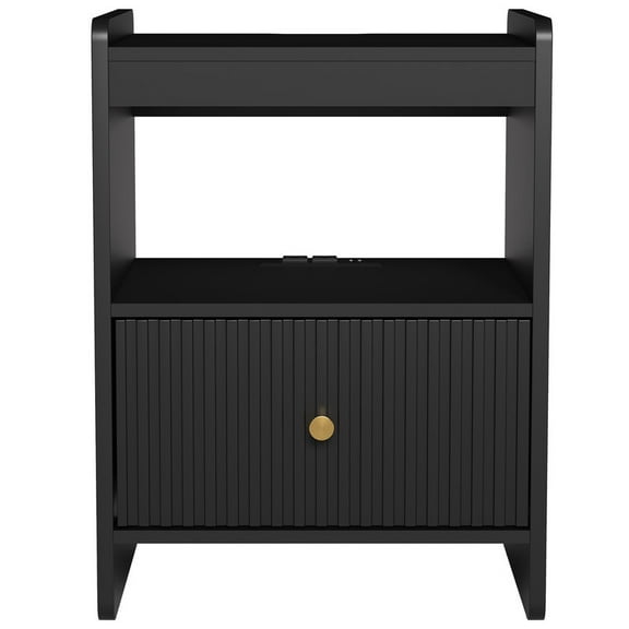 FAGAGA end Table with Charging Station and Storage Shelf for Living Room，Wooden Nightstand for Bedroom with Drawer end table，Black