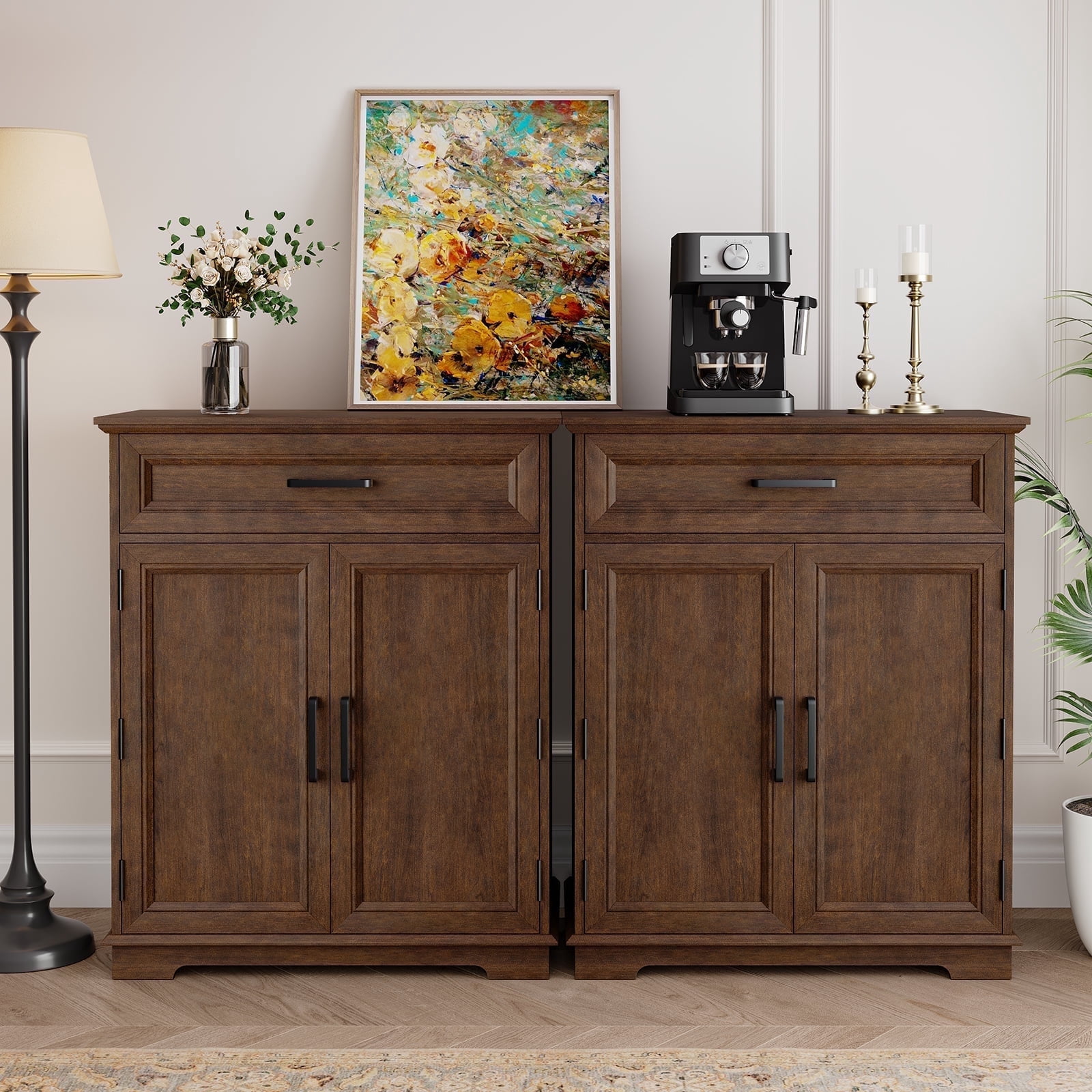 FAGAGA Modern Coffee Bar Cabinet Set of 2, Kitchen Buffet Cabinet with Drawer, Wooden Sideboard with Storage Door for Kitchen, Dining Room, Reception Room | Cherry