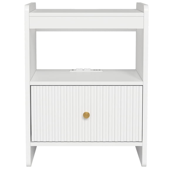 FAGAGA end Table with Charging Station and Storage Shelf for Living Room，Wooden Nightstand for Bedroom with Drawer end table，White