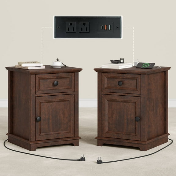 FAGAGA End Tables Set of 2 for Living Room with Charging Station, Side Table with Drawer and Adjustable Storage Shelf, Rustic Wooden Nightstands for Bedroom | Cherry