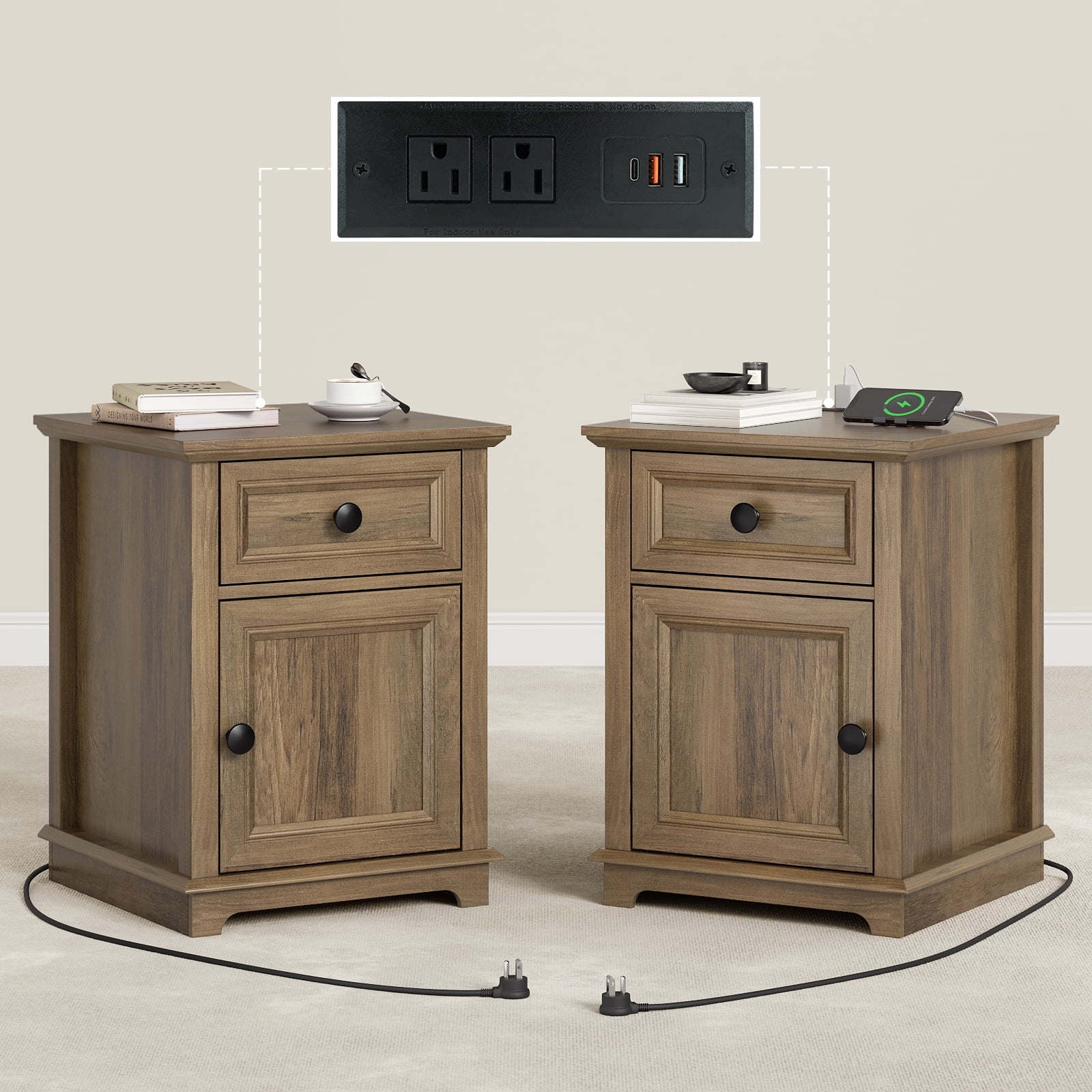 Rustic Brown Wood End Table Set with Storage and Charging Station