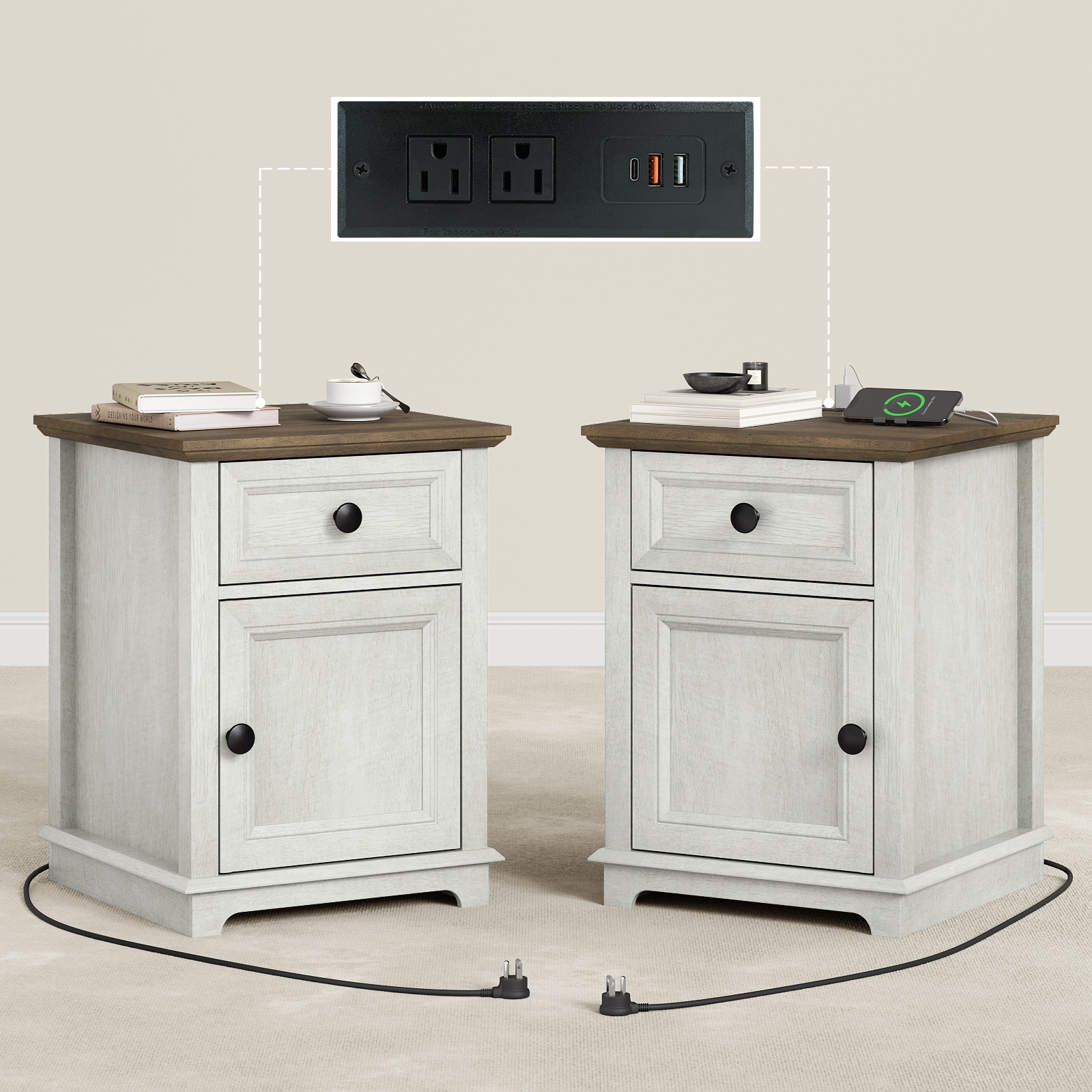 FAGAGA Nightstand with Charging Station Set of 2, 24" Tall End Table with Magnetic Door and Adjustable Storage Shelf, Rustic Wood Sofa Side Table with Drawer for Living Room, Bedroom, Whitewash